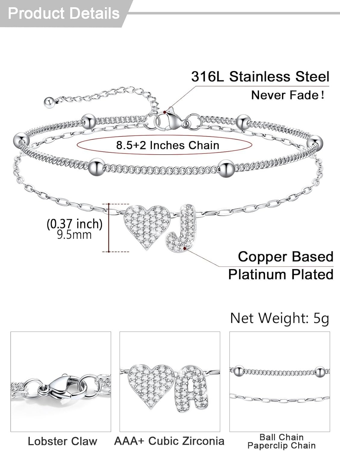 imageU7 Heart Initial Ankle Bracelets for Women Waterproof Silver14K Gold Plated Anklets CZ Initial Heart Anklets Stainless Steel Summer Beach Ankle Adjustable 85105Silver