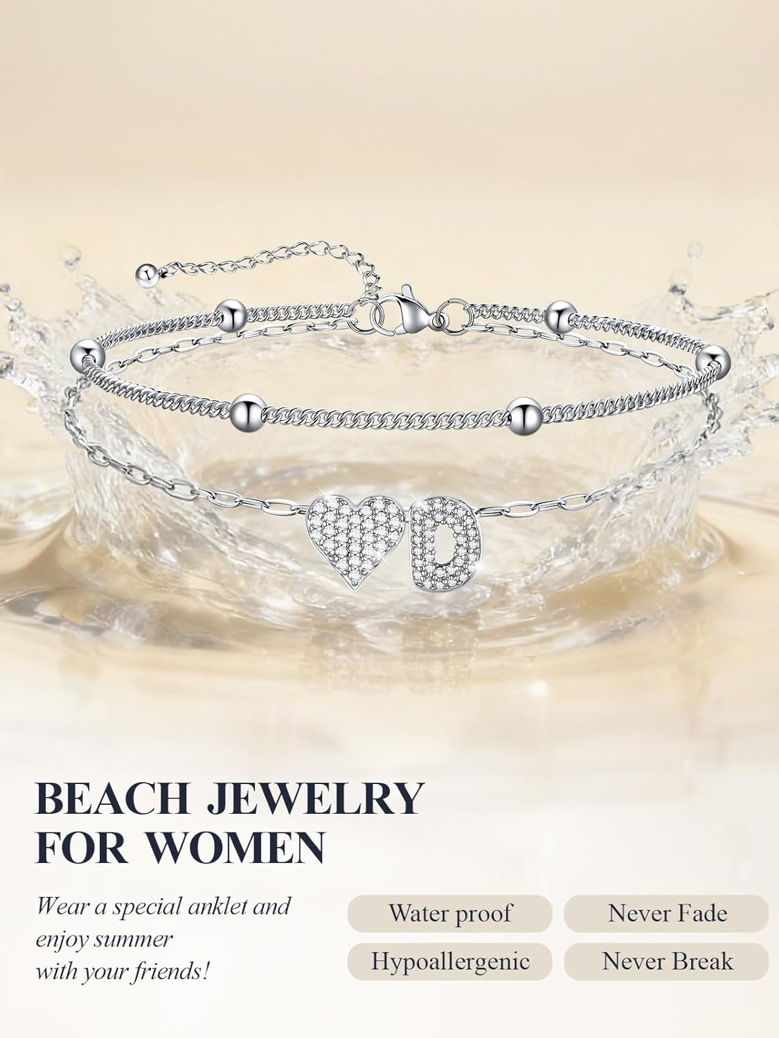 imageU7 Heart Initial Ankle Bracelets for Women Waterproof Silver14K Gold Plated Anklets CZ Initial Heart Anklets Stainless Steel Summer Beach Ankle Adjustable 85105Silver