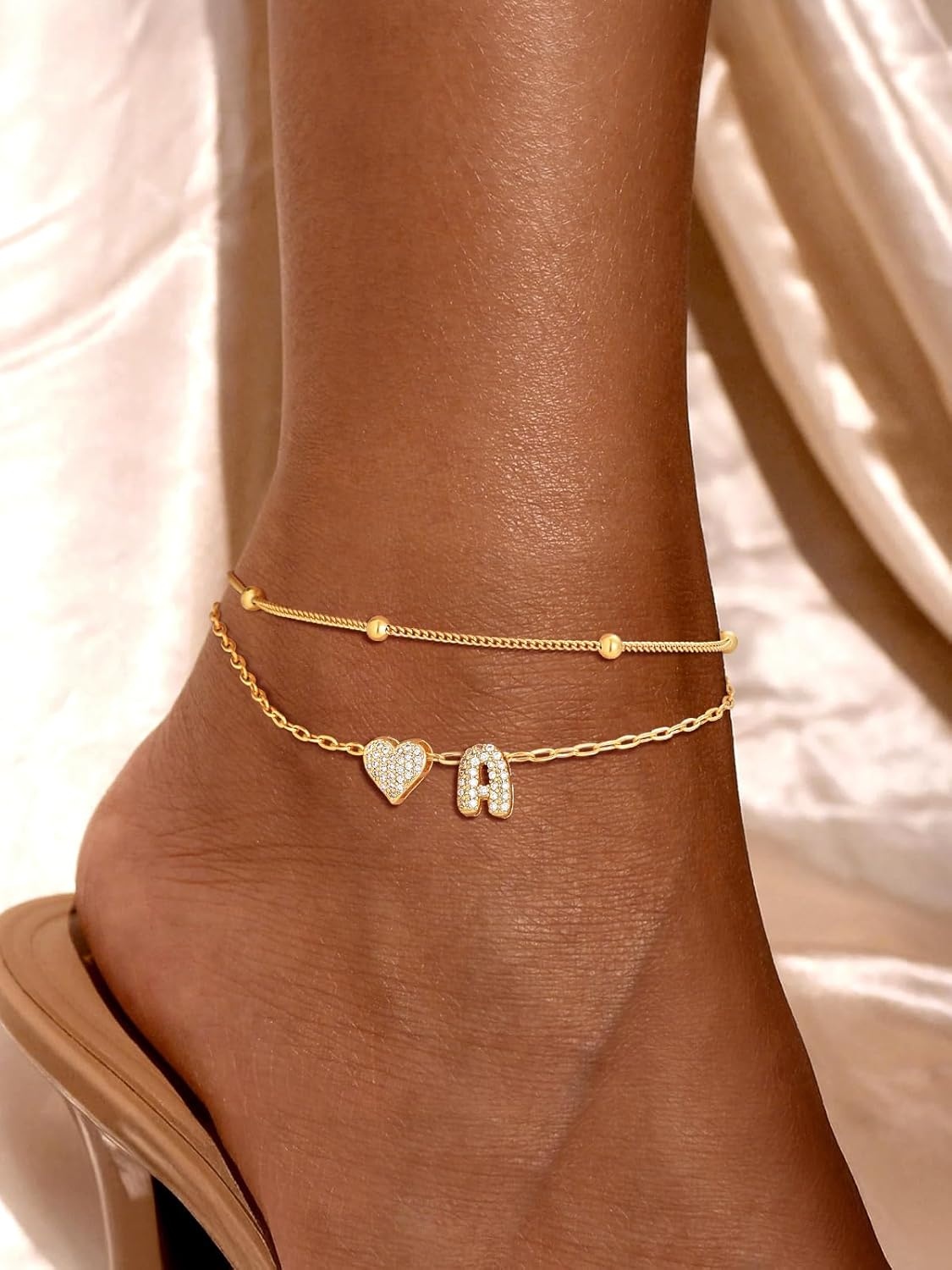 imageU7 Heart Initial Ankle Bracelets for Women Waterproof Silver14K Gold Plated Anklets CZ Initial Heart Anklets Stainless Steel Summer Beach Ankle Adjustable 85105Gold