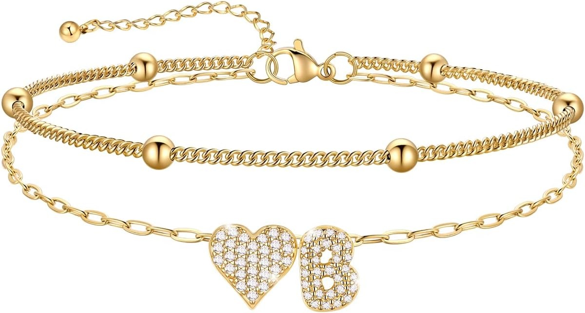 imageU7 Heart Initial Ankle Bracelets for Women Waterproof Silver14K Gold Plated Anklets CZ Initial Heart Anklets Stainless Steel Summer Beach Ankle Adjustable 85105Gold