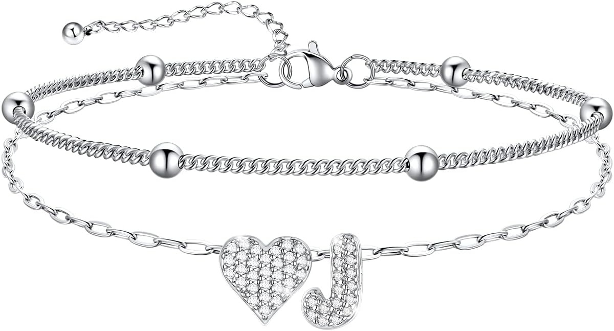 imageU7 Heart Initial Ankle Bracelets for Women Waterproof Silver14K Gold Plated Anklets CZ Initial Heart Anklets Stainless Steel Summer Beach Ankle Adjustable 85105Silver
