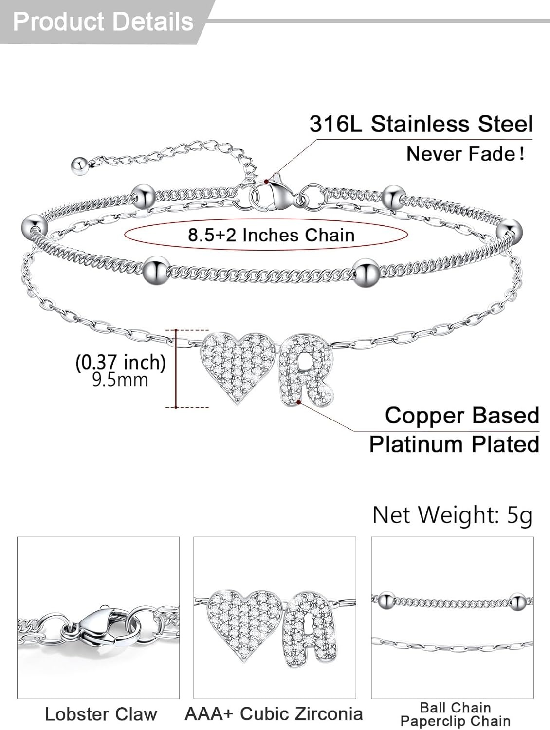 imageU7 Heart Initial Ankle Bracelets for Women Waterproof Silver14K Gold Plated Anklets CZ Initial Heart Anklets Stainless Steel Summer Beach Ankle Adjustable 85105Silver