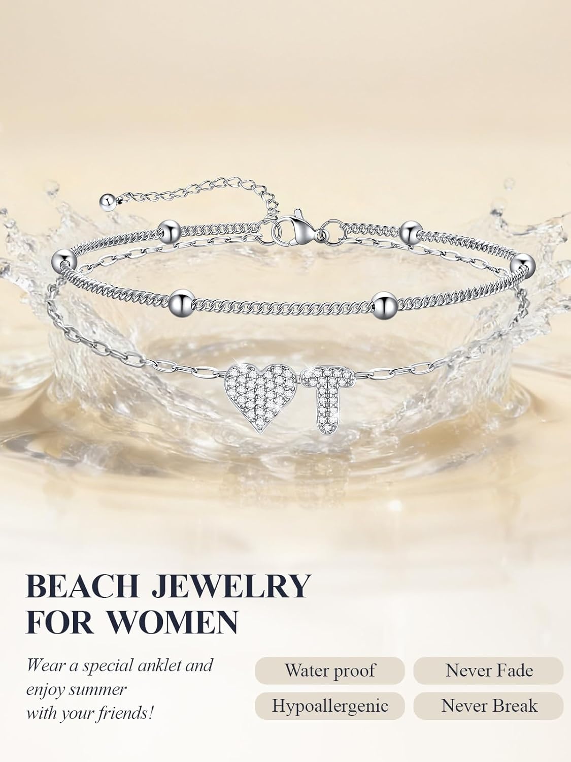imageU7 Heart Initial Ankle Bracelets for Women Waterproof Silver14K Gold Plated Anklets CZ Initial Heart Anklets Stainless Steel Summer Beach Ankle Adjustable 85105Silver