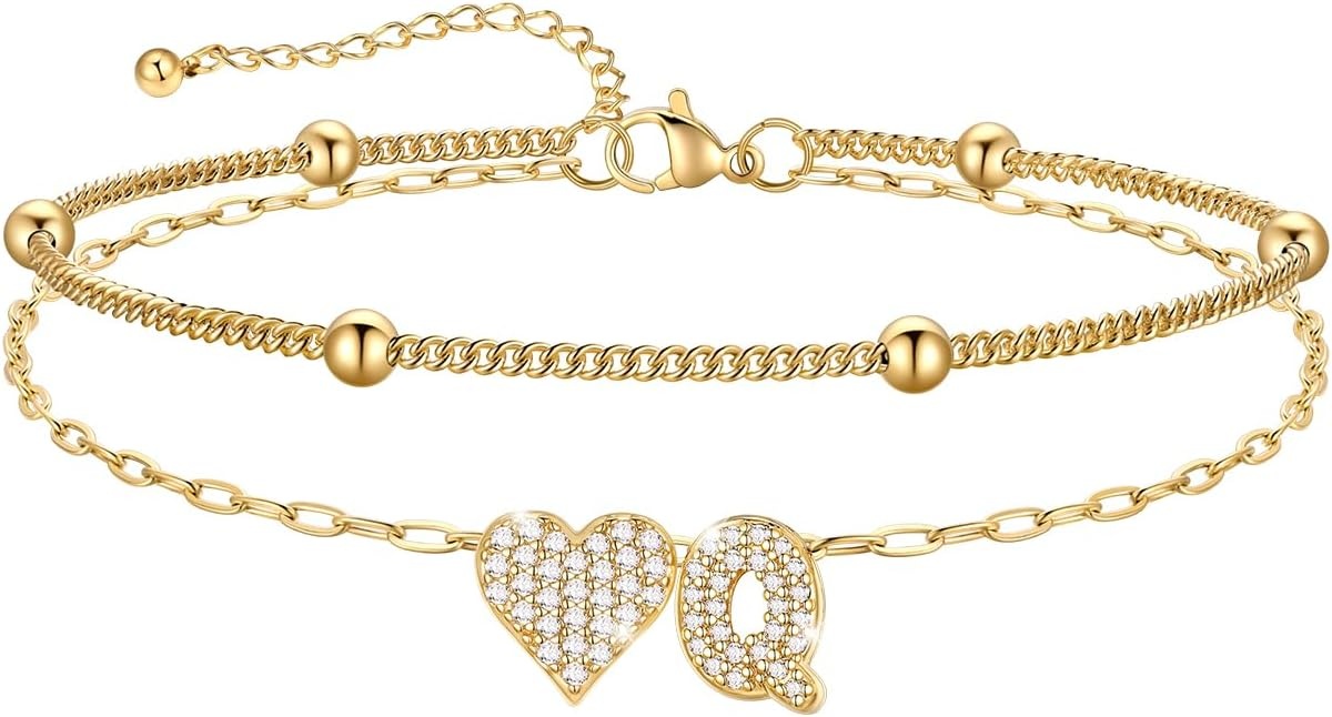 imageU7 Heart Initial Ankle Bracelets for Women Waterproof Silver14K Gold Plated Anklets CZ Initial Heart Anklets Stainless Steel Summer Beach Ankle Adjustable 85105Gold
