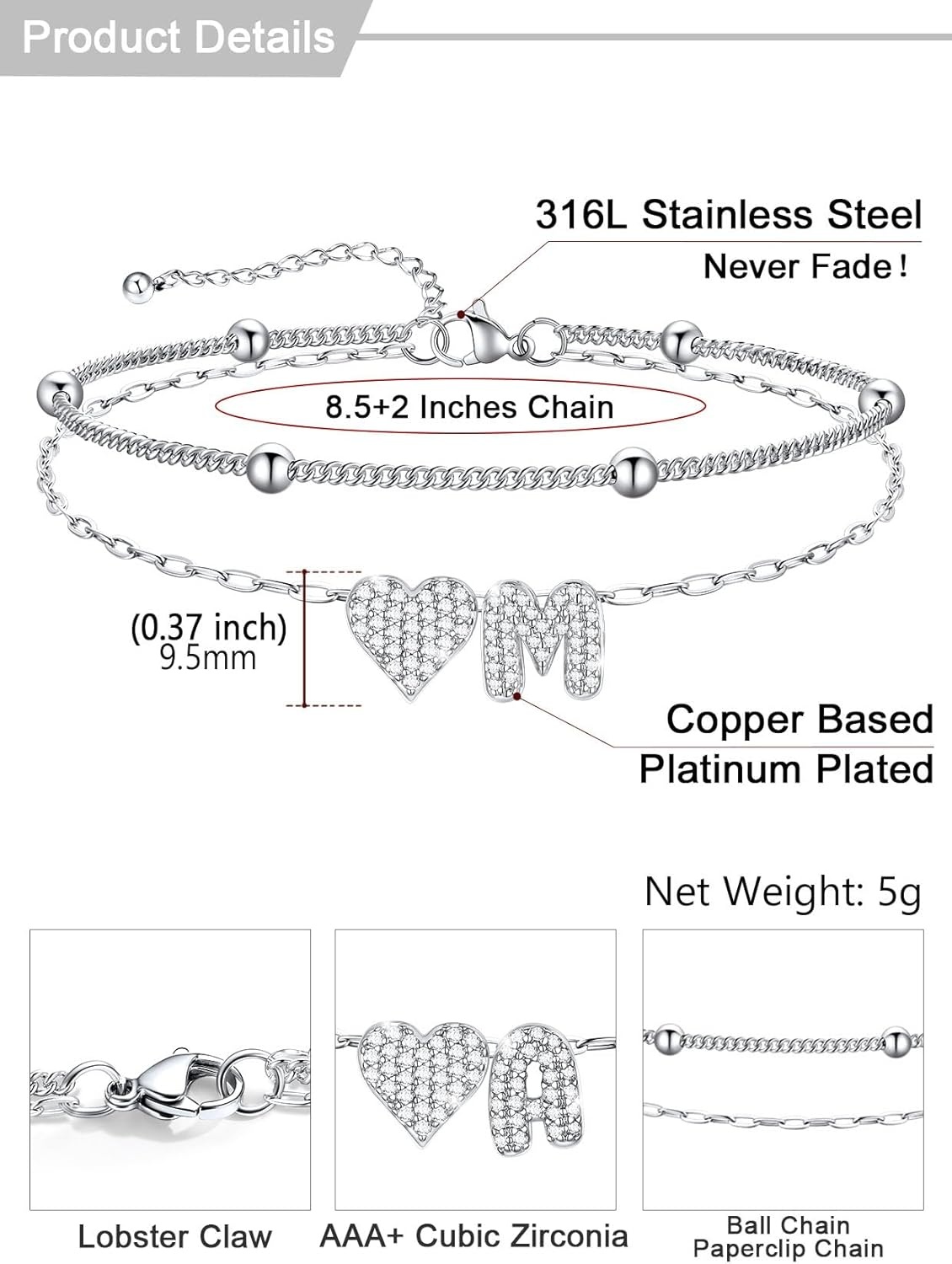 imageU7 Heart Initial Ankle Bracelets for Women Waterproof Silver14K Gold Plated Anklets CZ Initial Heart Anklets Stainless Steel Summer Beach Ankle Adjustable 85105Silver