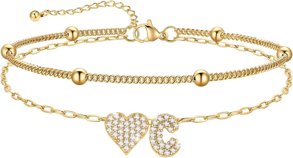 imageU7 Heart Initial Ankle Bracelets for Women Waterproof Silver14K Gold Plated Anklets CZ Initial Heart Anklets Stainless Steel Summer Beach Ankle Adjustable 85105Gold