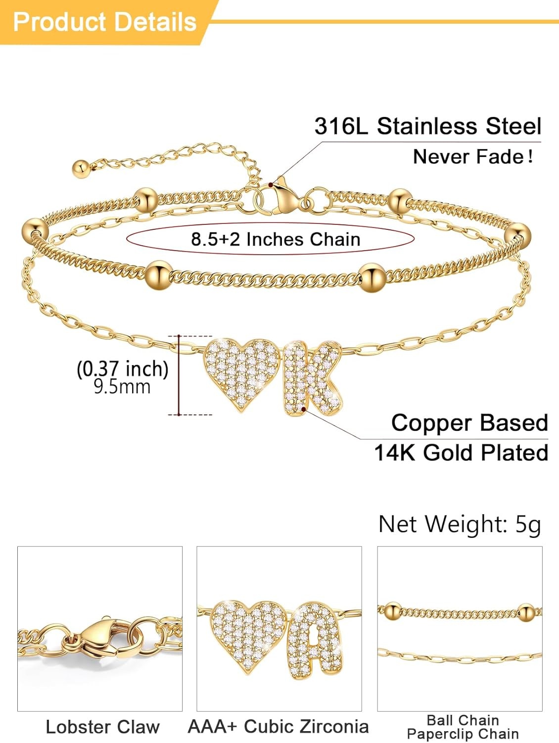 imageU7 Heart Initial Ankle Bracelets for Women Waterproof Silver14K Gold Plated Anklets CZ Initial Heart Anklets Stainless Steel Summer Beach Ankle Adjustable 85105Gold