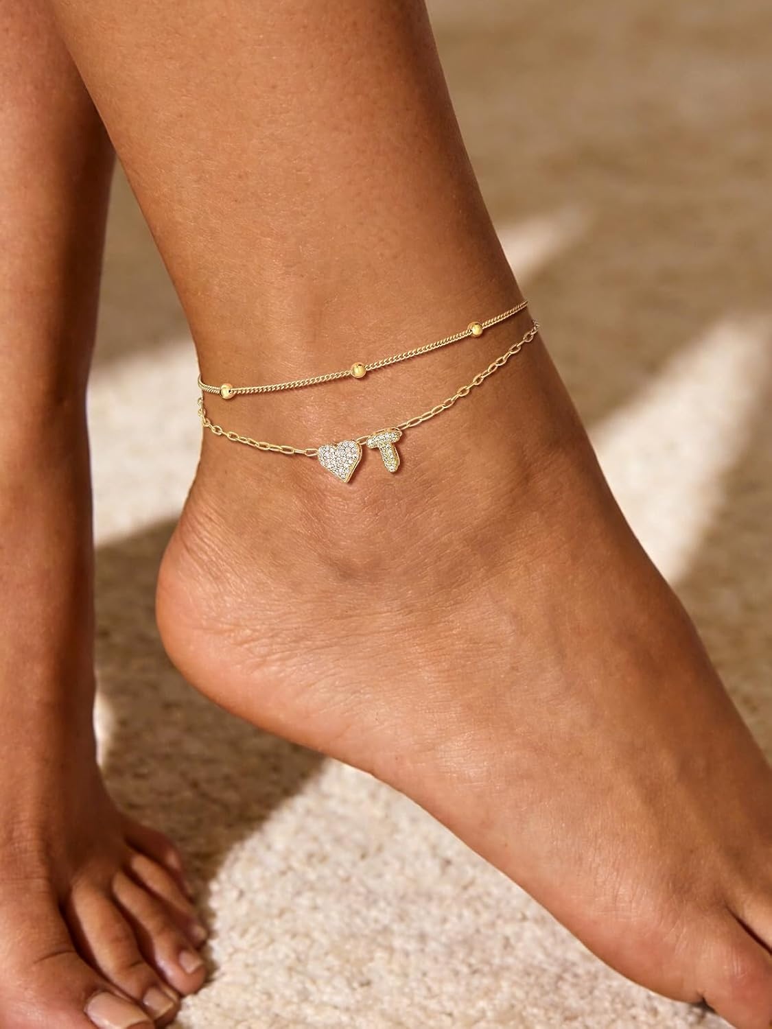 imageU7 Heart Initial Ankle Bracelets for Women Waterproof Silver14K Gold Plated Anklets CZ Initial Heart Anklets Stainless Steel Summer Beach Ankle Adjustable 85105Gold