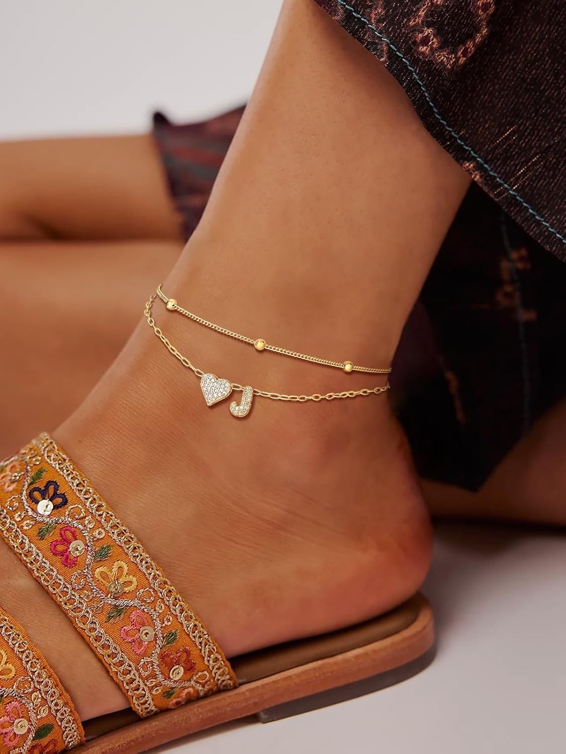 imageU7 Heart Initial Ankle Bracelets for Women Waterproof Silver14K Gold Plated Anklets CZ Initial Heart Anklets Stainless Steel Summer Beach Ankle Adjustable 85105Gold