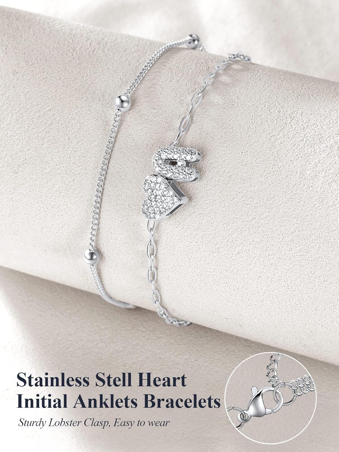 imageU7 Heart Initial Ankle Bracelets for Women Waterproof Silver14K Gold Plated Anklets CZ Initial Heart Anklets Stainless Steel Summer Beach Ankle Adjustable 85105Silver
