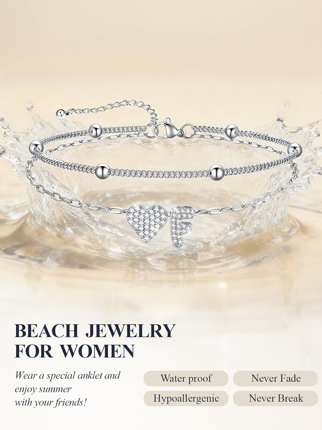 imageU7 Heart Initial Ankle Bracelets for Women Waterproof Silver14K Gold Plated Anklets CZ Initial Heart Anklets Stainless Steel Summer Beach Ankle Adjustable 85105Silver
