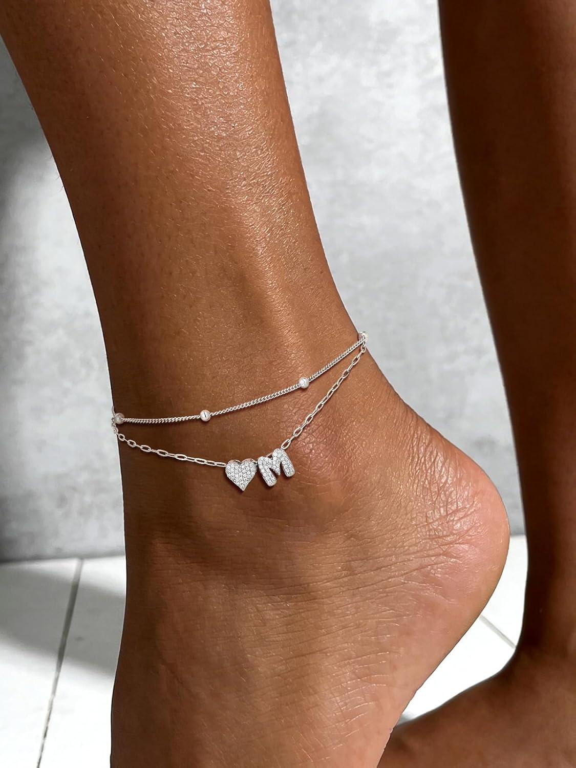 imageU7 Heart Initial Ankle Bracelets for Women Waterproof Silver14K Gold Plated Anklets CZ Initial Heart Anklets Stainless Steel Summer Beach Ankle Adjustable 85105Silver