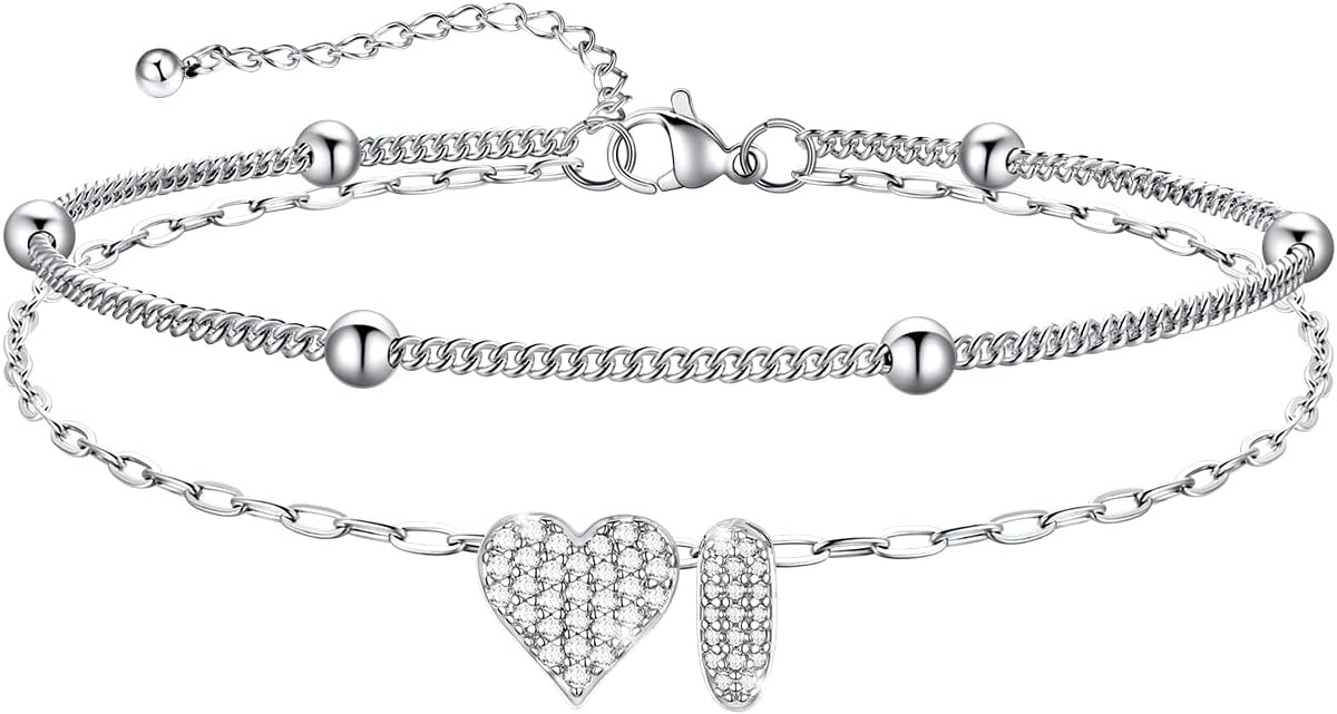 imageU7 Heart Initial Ankle Bracelets for Women Waterproof Silver14K Gold Plated Anklets CZ Initial Heart Anklets Stainless Steel Summer Beach Ankle Adjustable 85105Silver