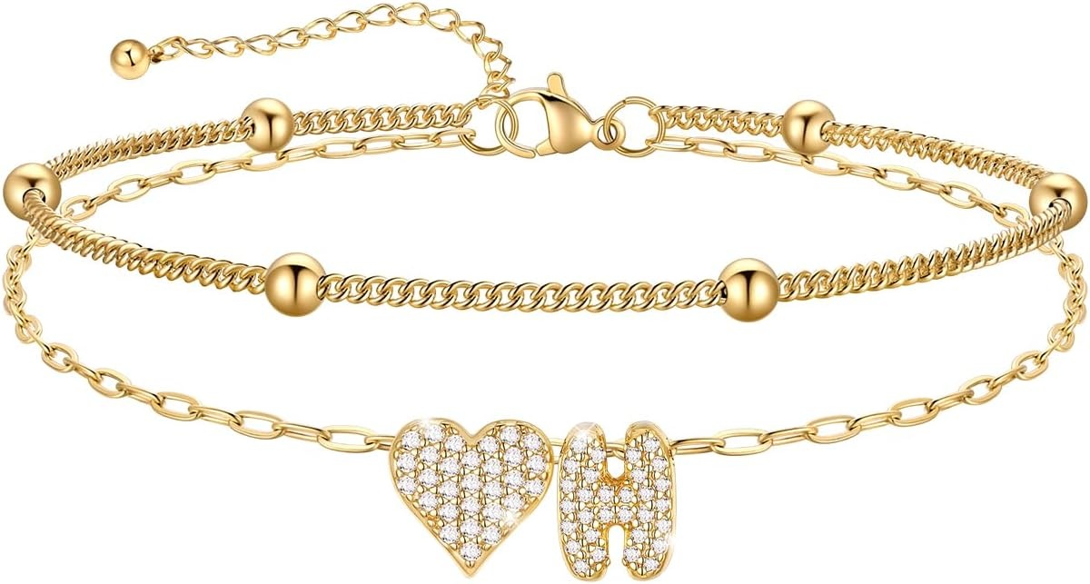 imageU7 Heart Initial Ankle Bracelets for Women Waterproof Silver14K Gold Plated Anklets CZ Initial Heart Anklets Stainless Steel Summer Beach Ankle Adjustable 85105Gold