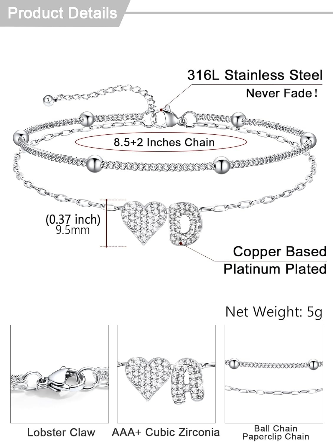 imageU7 Heart Initial Ankle Bracelets for Women Waterproof Silver14K Gold Plated Anklets CZ Initial Heart Anklets Stainless Steel Summer Beach Ankle Adjustable 85105Silver