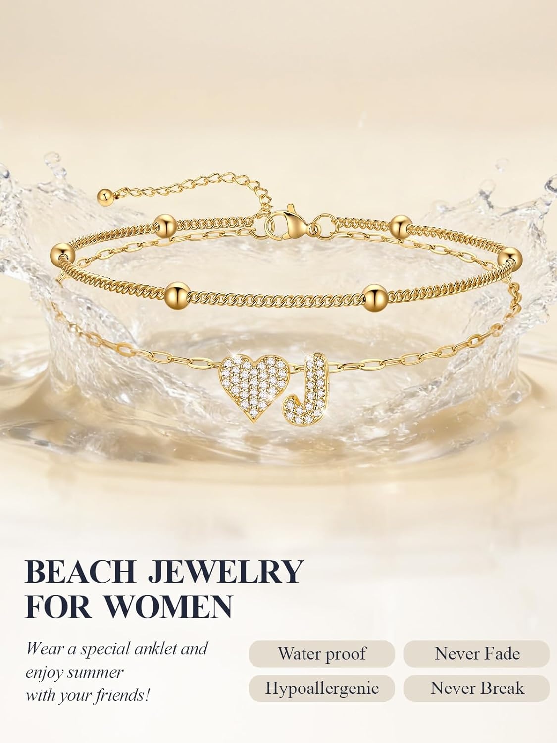 imageU7 Heart Initial Ankle Bracelets for Women Waterproof Silver14K Gold Plated Anklets CZ Initial Heart Anklets Stainless Steel Summer Beach Ankle Adjustable 85105Gold