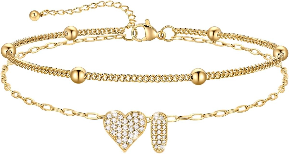 imageU7 Heart Initial Ankle Bracelets for Women Waterproof Silver14K Gold Plated Anklets CZ Initial Heart Anklets Stainless Steel Summer Beach Ankle Adjustable 85105Gold