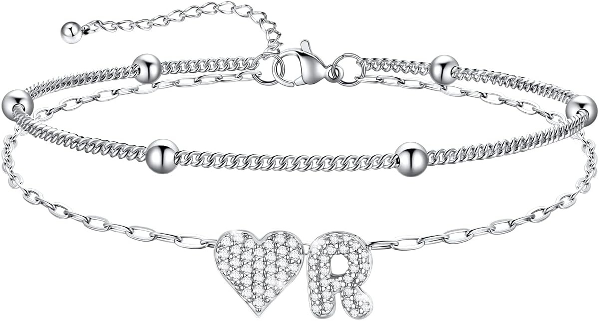 imageU7 Heart Initial Ankle Bracelets for Women Waterproof Silver14K Gold Plated Anklets CZ Initial Heart Anklets Stainless Steel Summer Beach Ankle Adjustable 85105Silver