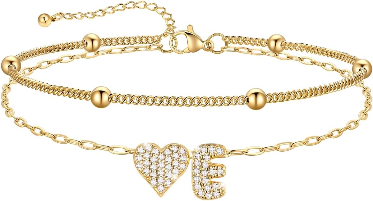 imageU7 Heart Initial Ankle Bracelets for Women Waterproof Silver14K Gold Plated Anklets CZ Initial Heart Anklets Stainless Steel Summer Beach Ankle Adjustable 85105Gold