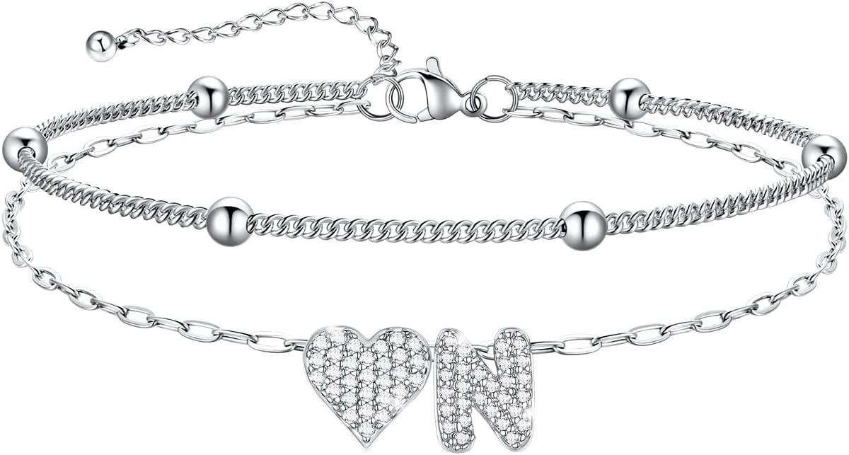 imageU7 Heart Initial Ankle Bracelets for Women Waterproof Silver14K Gold Plated Anklets CZ Initial Heart Anklets Stainless Steel Summer Beach Ankle Adjustable 85105Silver
