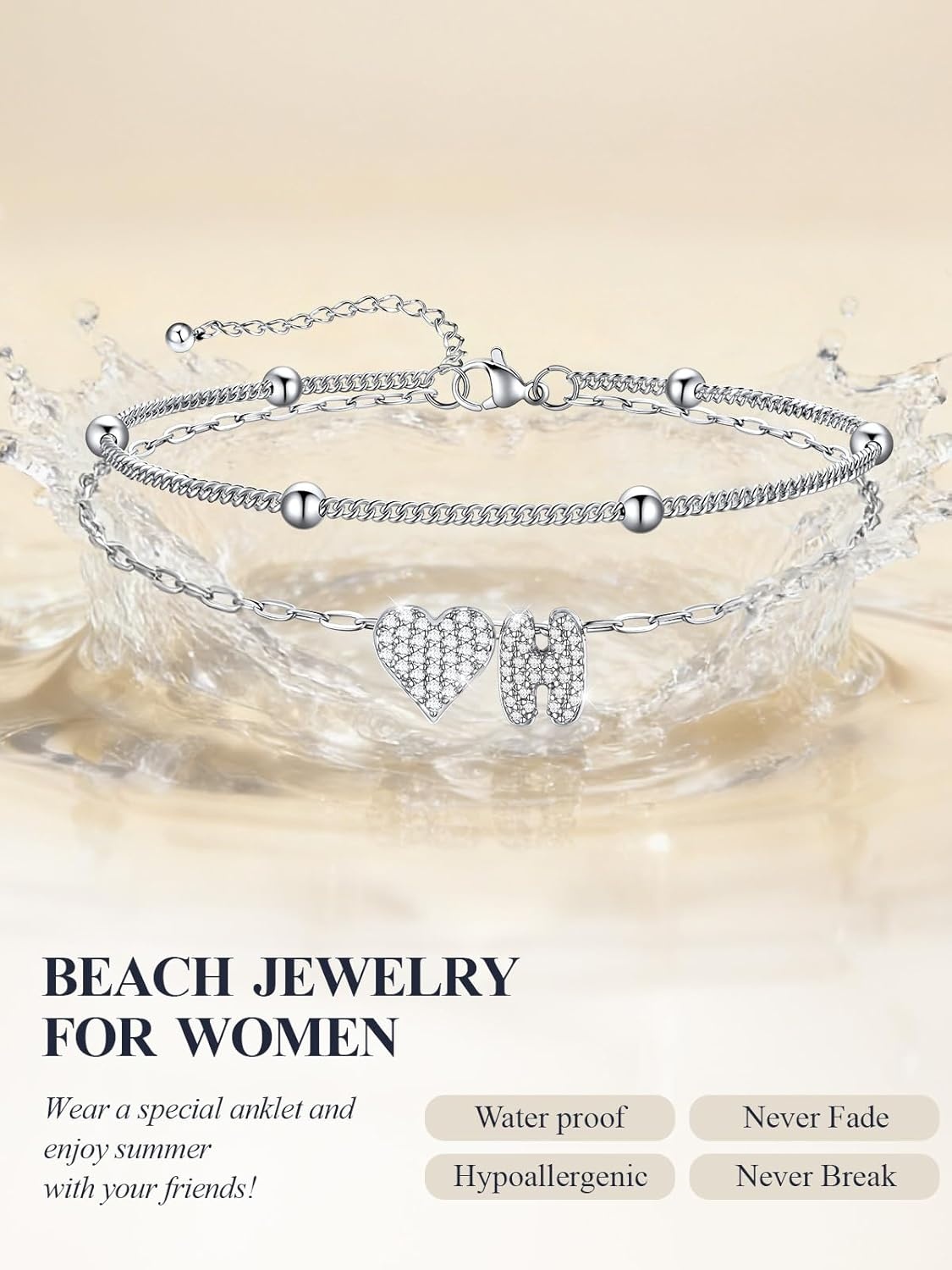 imageU7 Heart Initial Ankle Bracelets for Women Waterproof Silver14K Gold Plated Anklets CZ Initial Heart Anklets Stainless Steel Summer Beach Ankle Adjustable 85105Silver