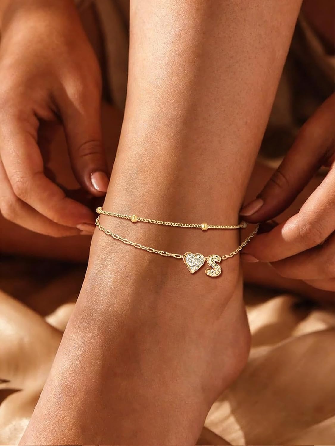 imageU7 Heart Initial Ankle Bracelets for Women Waterproof Silver14K Gold Plated Anklets CZ Initial Heart Anklets Stainless Steel Summer Beach Ankle Adjustable 85105Gold