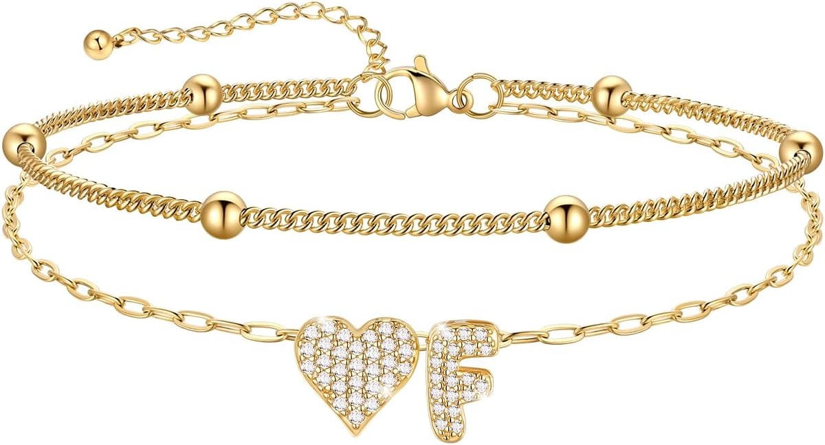 imageU7 Heart Initial Ankle Bracelets for Women Waterproof Silver14K Gold Plated Anklets CZ Initial Heart Anklets Stainless Steel Summer Beach Ankle Adjustable 85105Gold