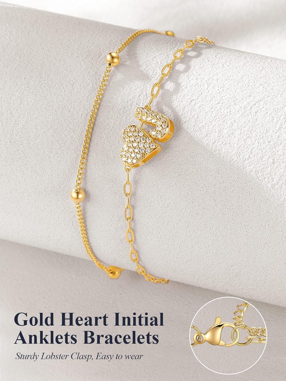 imageU7 Heart Initial Ankle Bracelets for Women Waterproof Silver14K Gold Plated Anklets CZ Initial Heart Anklets Stainless Steel Summer Beach Ankle Adjustable 85105Gold
