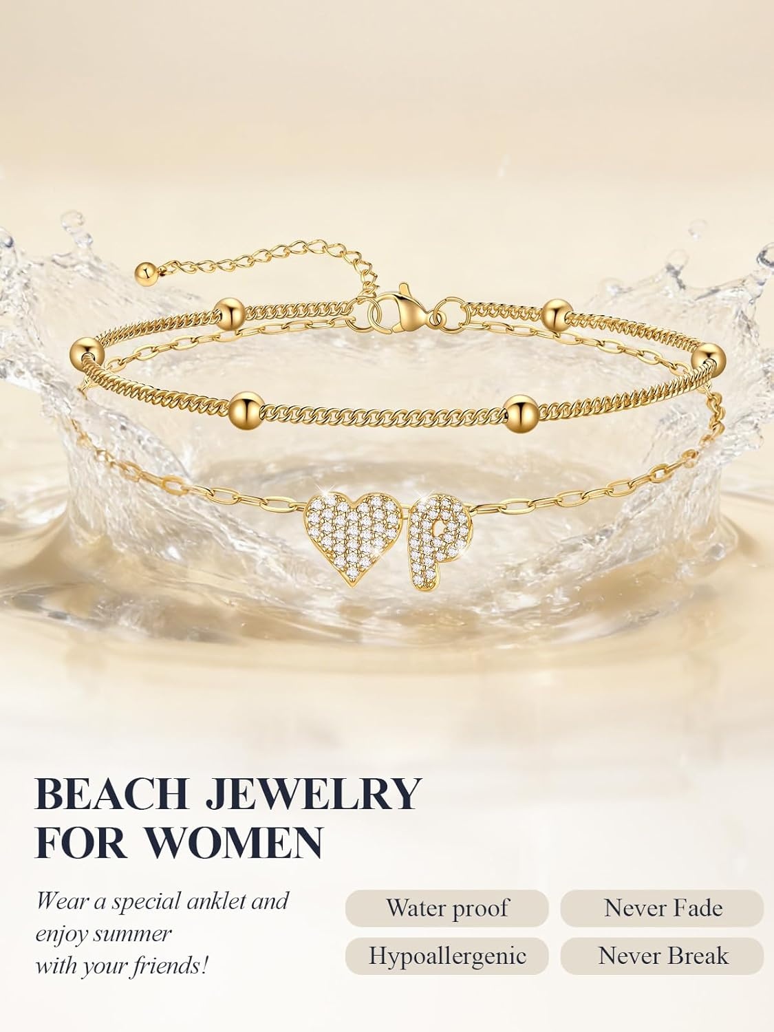 imageU7 Heart Initial Ankle Bracelets for Women Waterproof Silver14K Gold Plated Anklets CZ Initial Heart Anklets Stainless Steel Summer Beach Ankle Adjustable 85105Gold