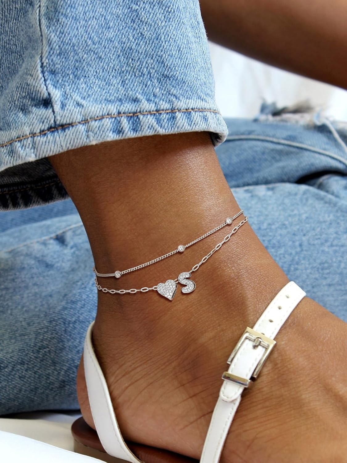 imageU7 Heart Initial Ankle Bracelets for Women Waterproof Silver14K Gold Plated Anklets CZ Initial Heart Anklets Stainless Steel Summer Beach Ankle Adjustable 85105Silver