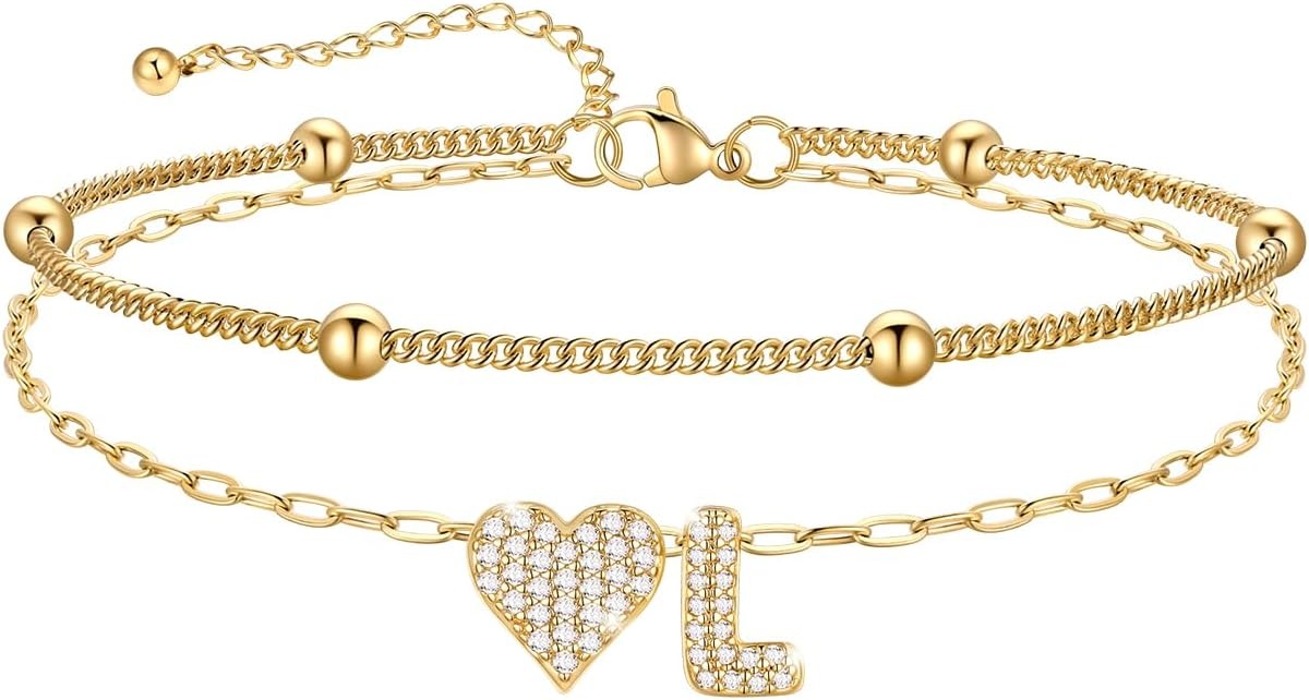imageU7 Heart Initial Ankle Bracelets for Women Waterproof Silver14K Gold Plated Anklets CZ Initial Heart Anklets Stainless Steel Summer Beach Ankle Adjustable 85105Gold