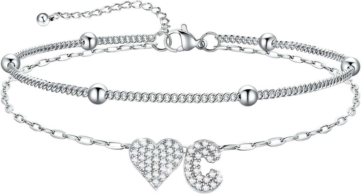 imageU7 Heart Initial Ankle Bracelets for Women Waterproof Silver14K Gold Plated Anklets CZ Initial Heart Anklets Stainless Steel Summer Beach Ankle Adjustable 85105Silver