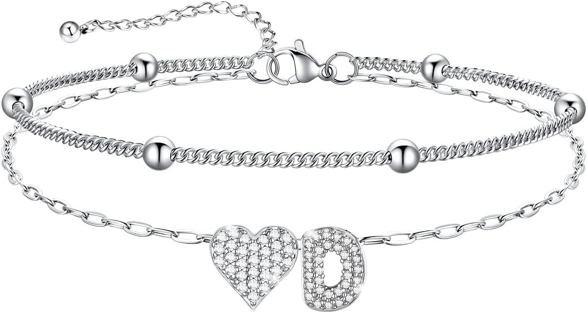imageU7 Heart Initial Ankle Bracelets for Women Waterproof Silver14K Gold Plated Anklets CZ Initial Heart Anklets Stainless Steel Summer Beach Ankle Adjustable 85105Silver