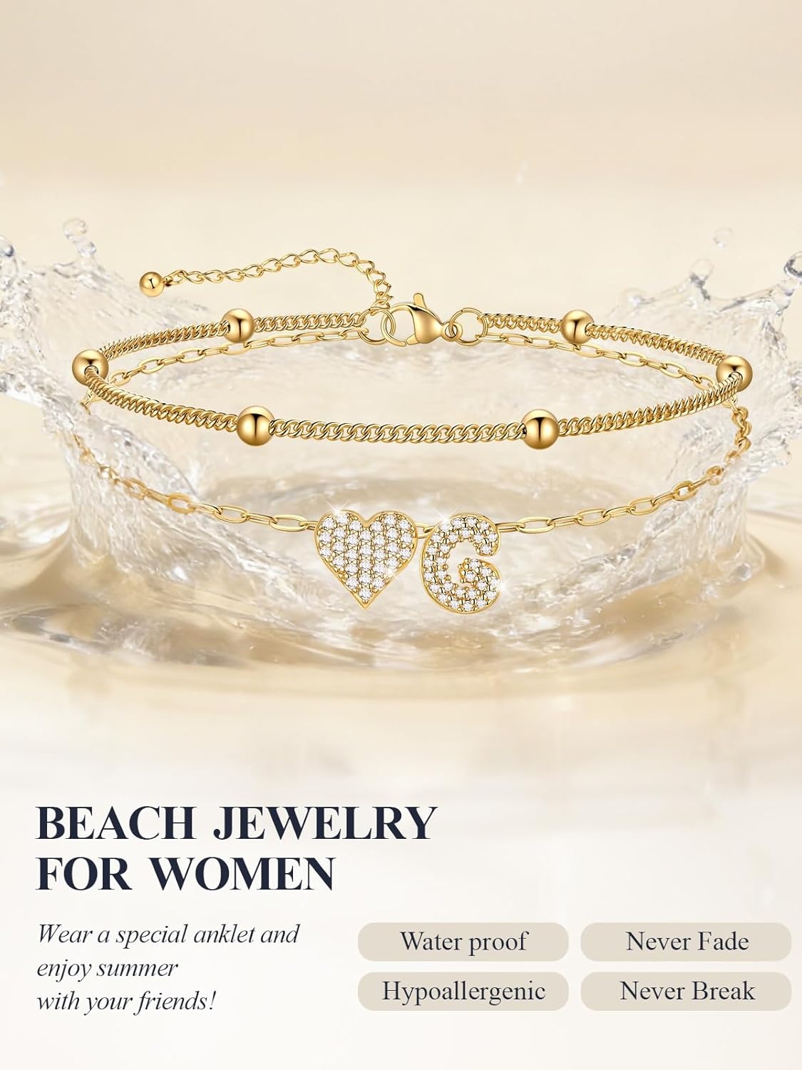 imageU7 Heart Initial Ankle Bracelets for Women Waterproof Silver14K Gold Plated Anklets CZ Initial Heart Anklets Stainless Steel Summer Beach Ankle Adjustable 85105Gold