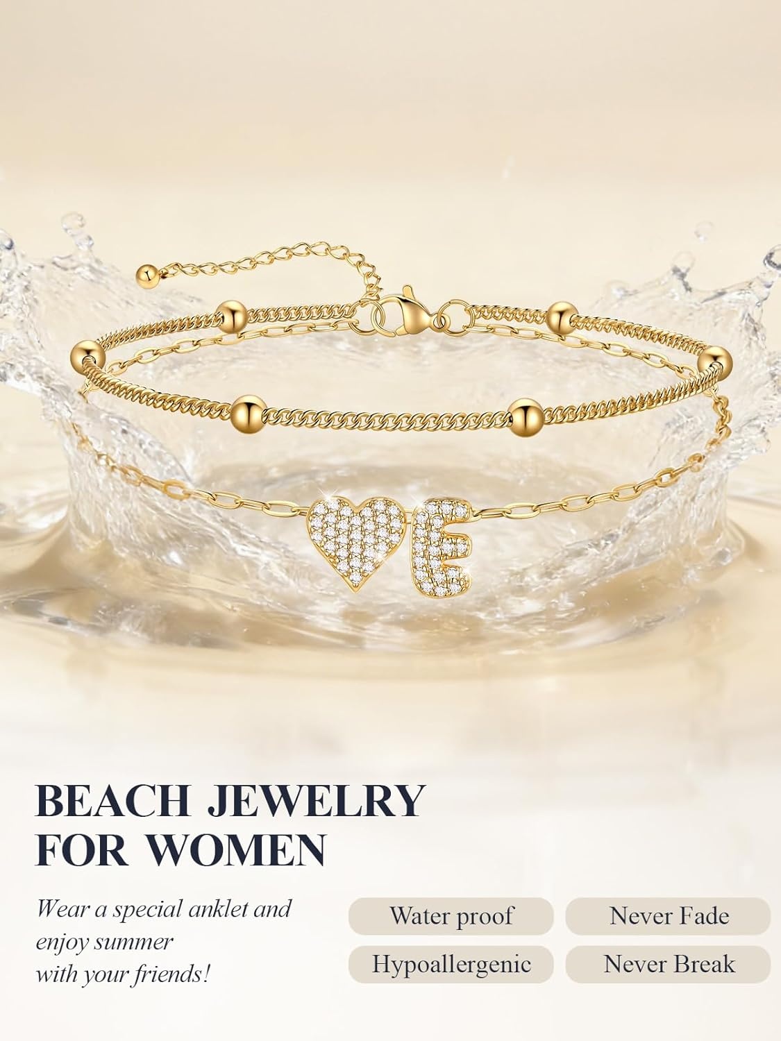 imageU7 Heart Initial Ankle Bracelets for Women Waterproof Silver14K Gold Plated Anklets CZ Initial Heart Anklets Stainless Steel Summer Beach Ankle Adjustable 85105Gold