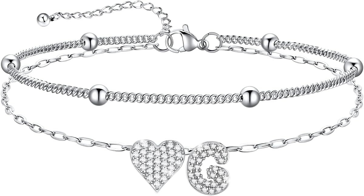 imageU7 Heart Initial Ankle Bracelets for Women Waterproof Silver14K Gold Plated Anklets CZ Initial Heart Anklets Stainless Steel Summer Beach Ankle Adjustable 85105Silver