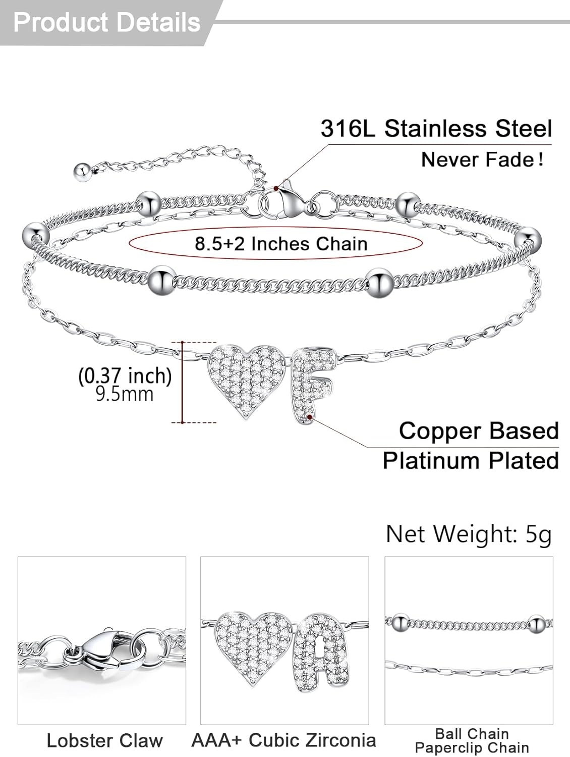 imageU7 Heart Initial Ankle Bracelets for Women Waterproof Silver14K Gold Plated Anklets CZ Initial Heart Anklets Stainless Steel Summer Beach Ankle Adjustable 85105Silver