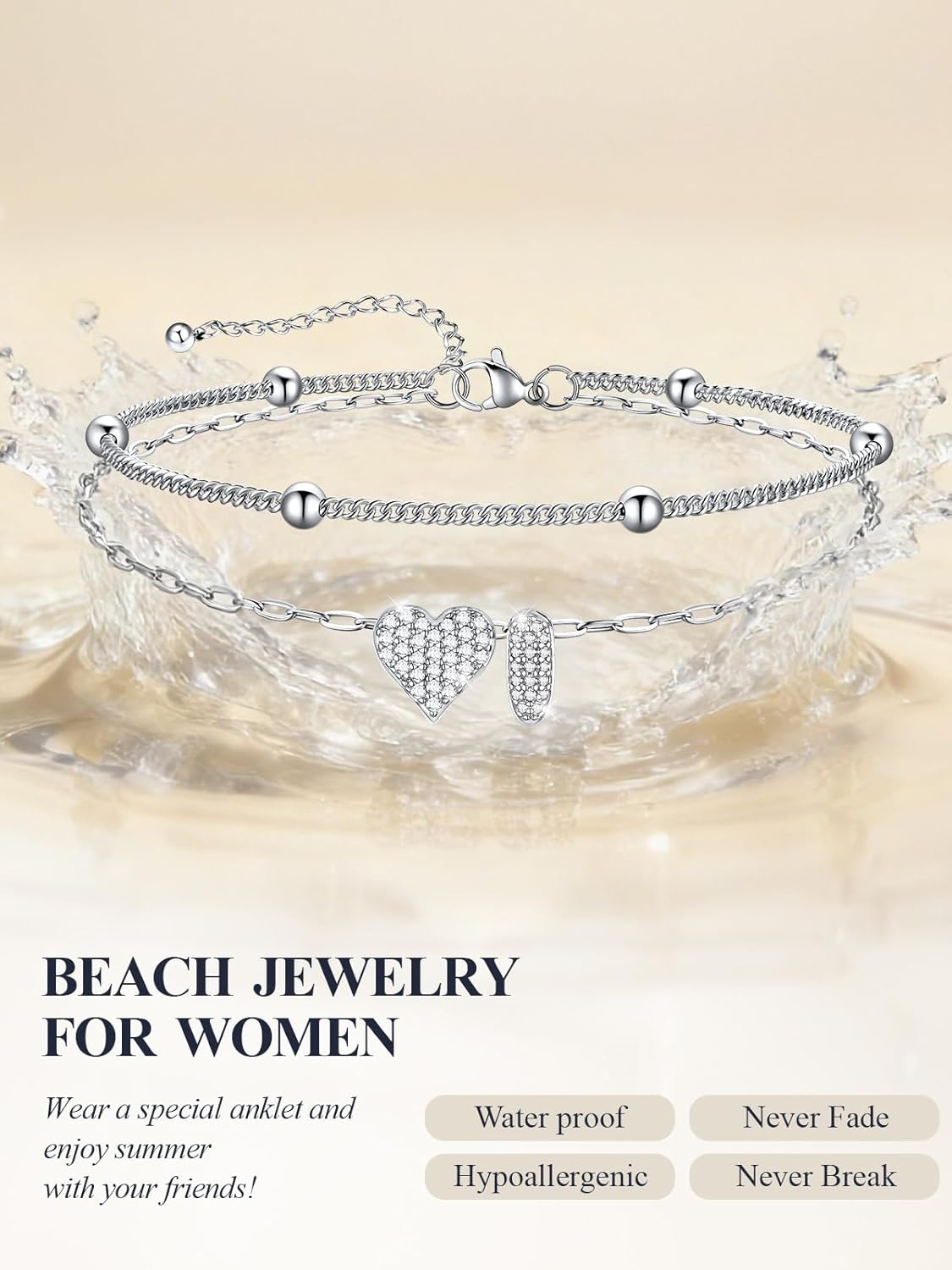 imageU7 Heart Initial Ankle Bracelets for Women Waterproof Silver14K Gold Plated Anklets CZ Initial Heart Anklets Stainless Steel Summer Beach Ankle Adjustable 85105Silver