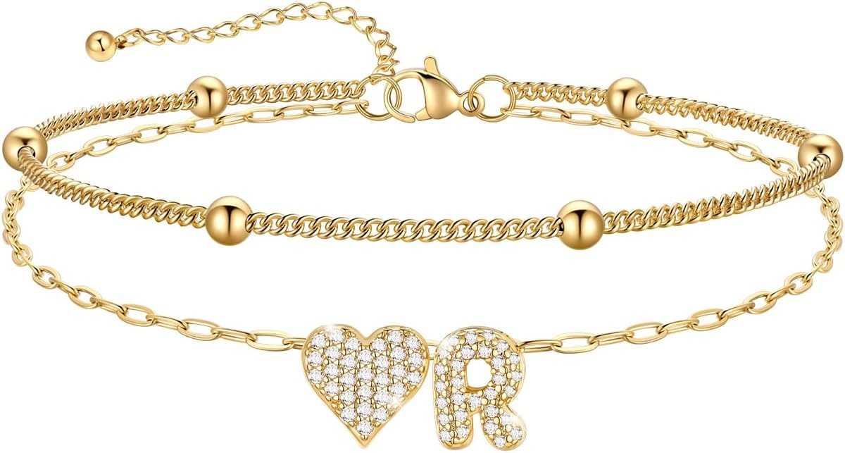 imageU7 Heart Initial Ankle Bracelets for Women Waterproof Silver14K Gold Plated Anklets CZ Initial Heart Anklets Stainless Steel Summer Beach Ankle Adjustable 85105Gold