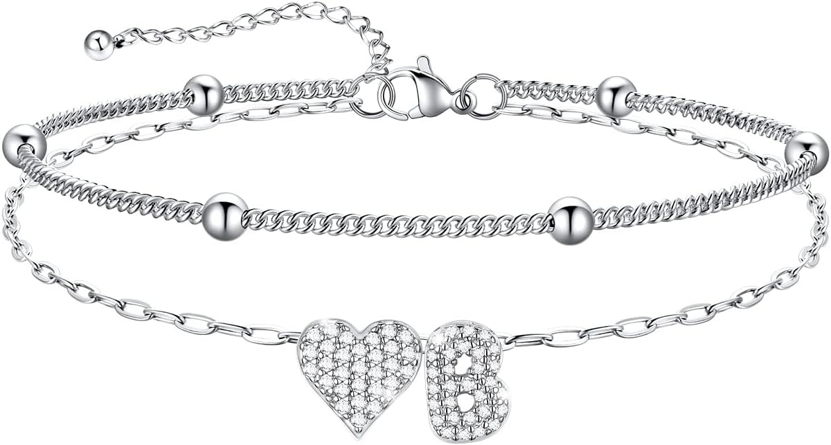 imageU7 Heart Initial Ankle Bracelets for Women Waterproof Silver14K Gold Plated Anklets CZ Initial Heart Anklets Stainless Steel Summer Beach Ankle Adjustable 85105Silver