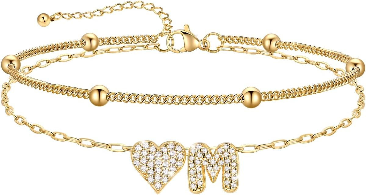 imageU7 Heart Initial Ankle Bracelets for Women Waterproof Silver14K Gold Plated Anklets CZ Initial Heart Anklets Stainless Steel Summer Beach Ankle Adjustable 85105Gold
