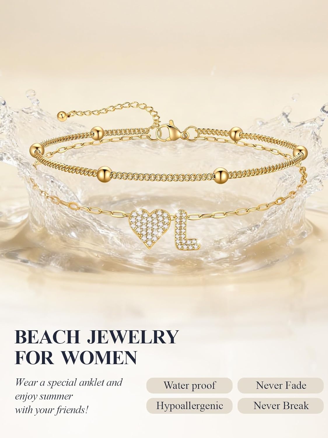 imageU7 Heart Initial Ankle Bracelets for Women Waterproof Silver14K Gold Plated Anklets CZ Initial Heart Anklets Stainless Steel Summer Beach Ankle Adjustable 85105Gold