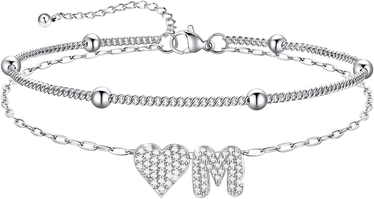 imageU7 Heart Initial Ankle Bracelets for Women Waterproof Silver14K Gold Plated Anklets CZ Initial Heart Anklets Stainless Steel Summer Beach Ankle Adjustable 85105Silver