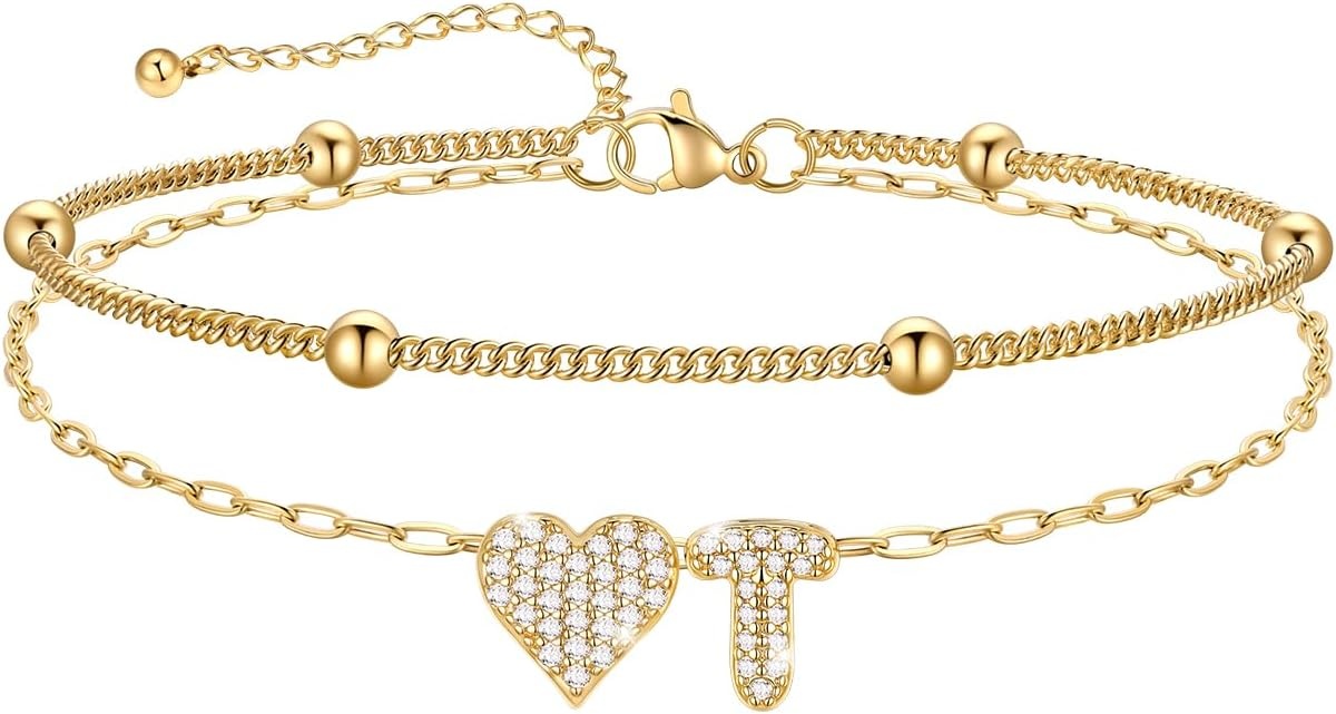 imageU7 Heart Initial Ankle Bracelets for Women Waterproof Silver14K Gold Plated Anklets CZ Initial Heart Anklets Stainless Steel Summer Beach Ankle Adjustable 85105Gold