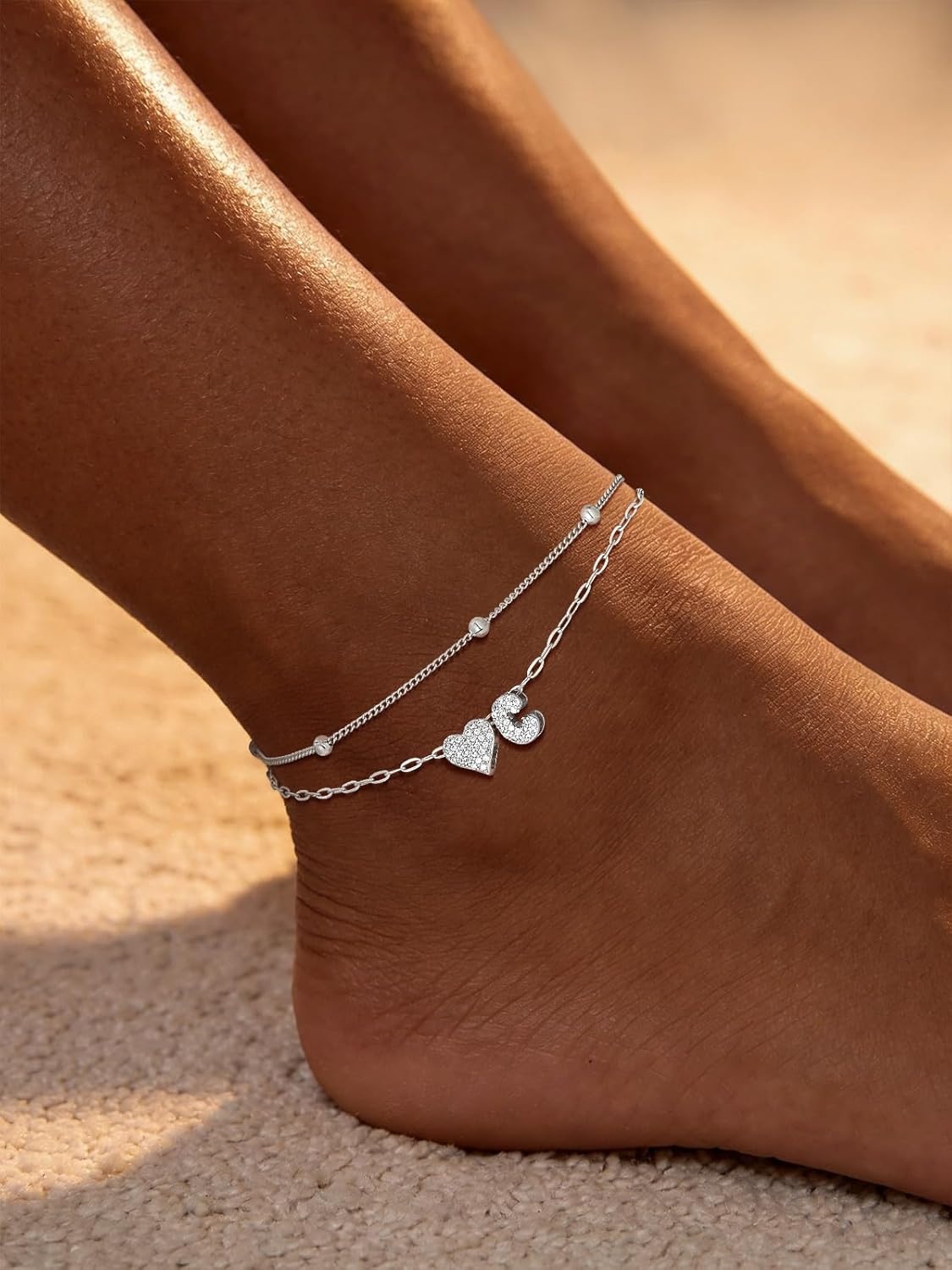 imageU7 Heart Initial Ankle Bracelets for Women Waterproof Silver14K Gold Plated Anklets CZ Initial Heart Anklets Stainless Steel Summer Beach Ankle Adjustable 85105Silver