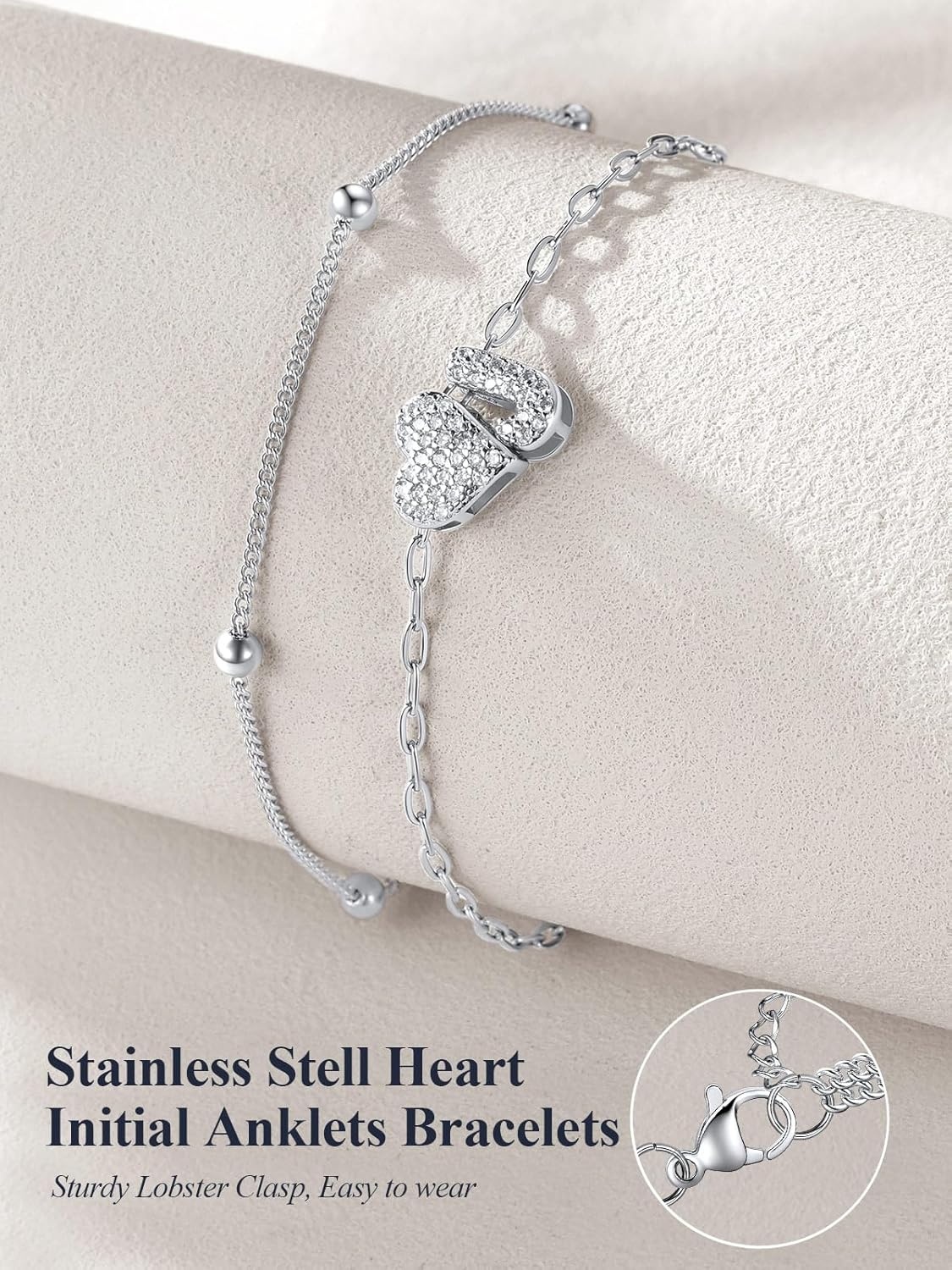 imageU7 Heart Initial Ankle Bracelets for Women Waterproof Silver14K Gold Plated Anklets CZ Initial Heart Anklets Stainless Steel Summer Beach Ankle Adjustable 85105Silver