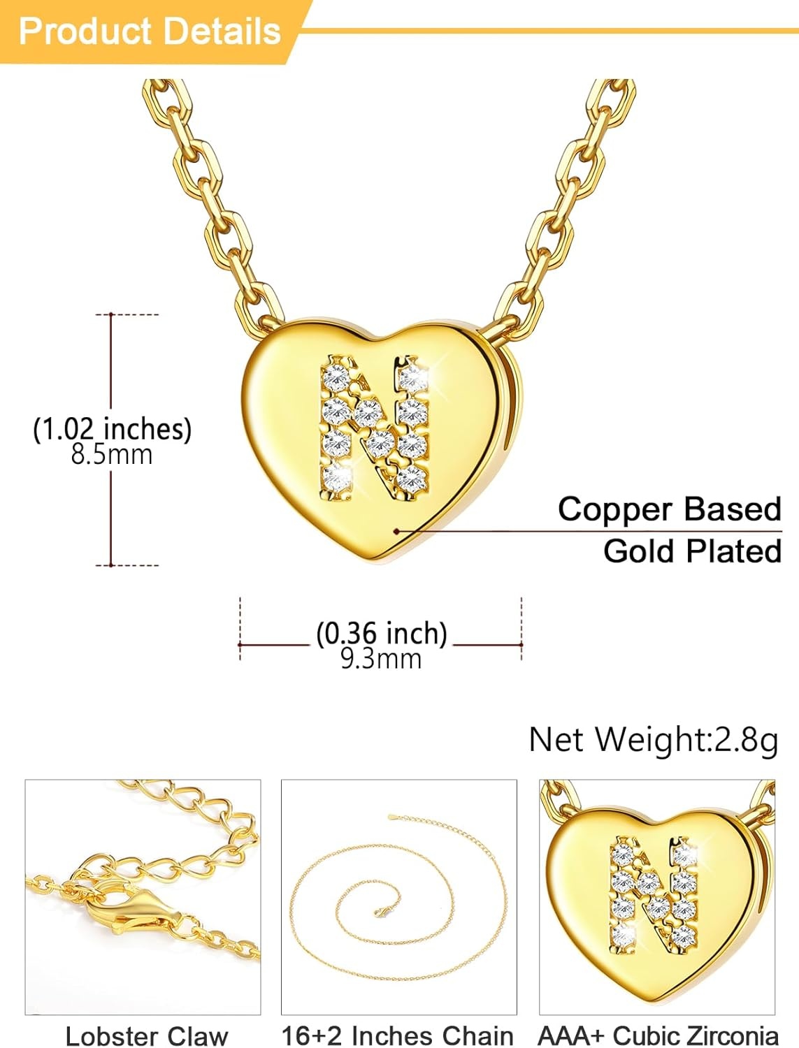 imageU7 Initial Necklace for Women 14K Gold Heart Pendant Necklace with CZ AZ Letter Dainty Gold Necklace Tiny Initial Necklaces Personalized Name Necklace for Mom Wife FriendN