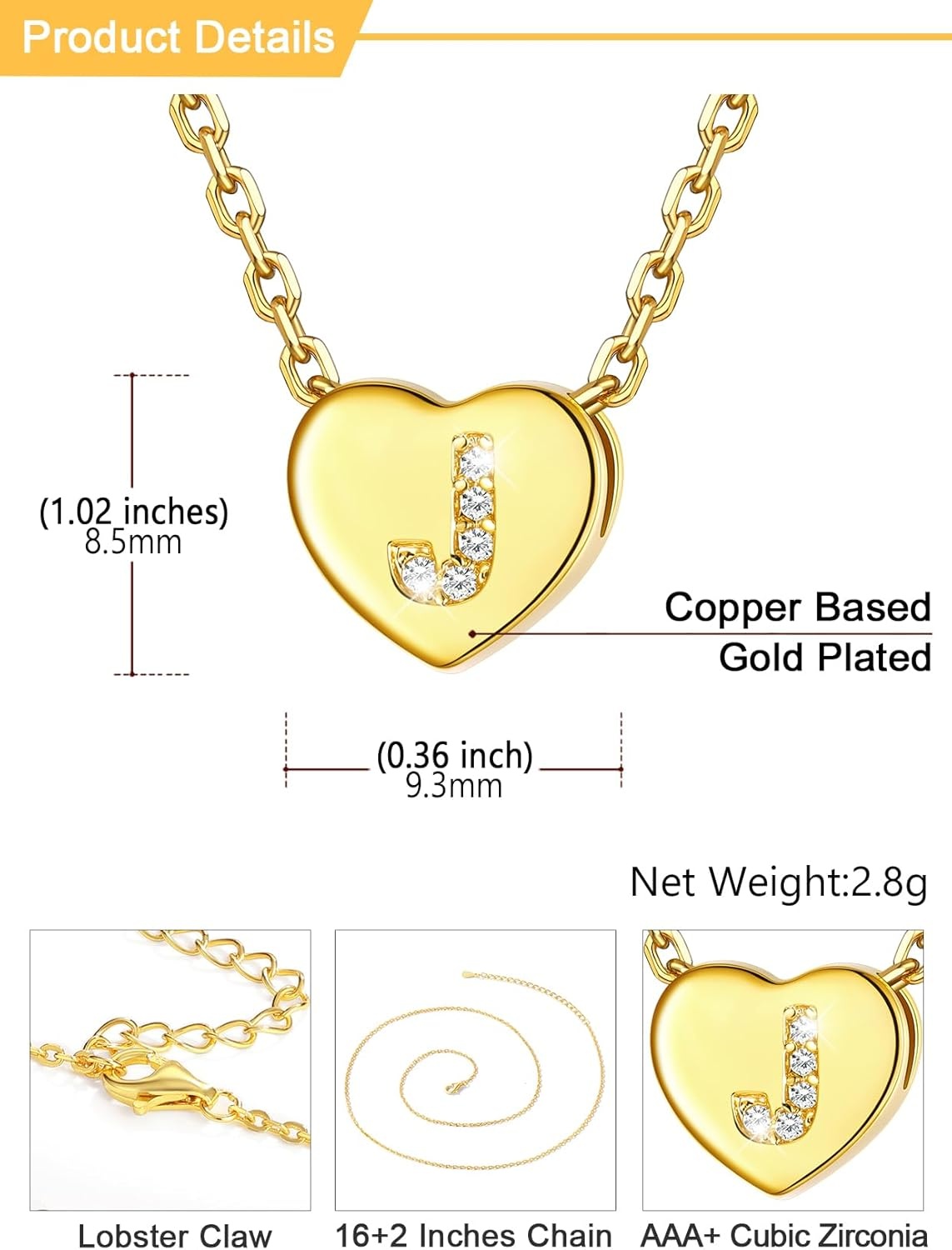 imageU7 Initial Necklace for Women 14K Gold Heart Pendant Necklace with CZ AZ Letter Dainty Gold Necklace Tiny Initial Necklaces Personalized Name Necklace for Mom Wife FriendJ