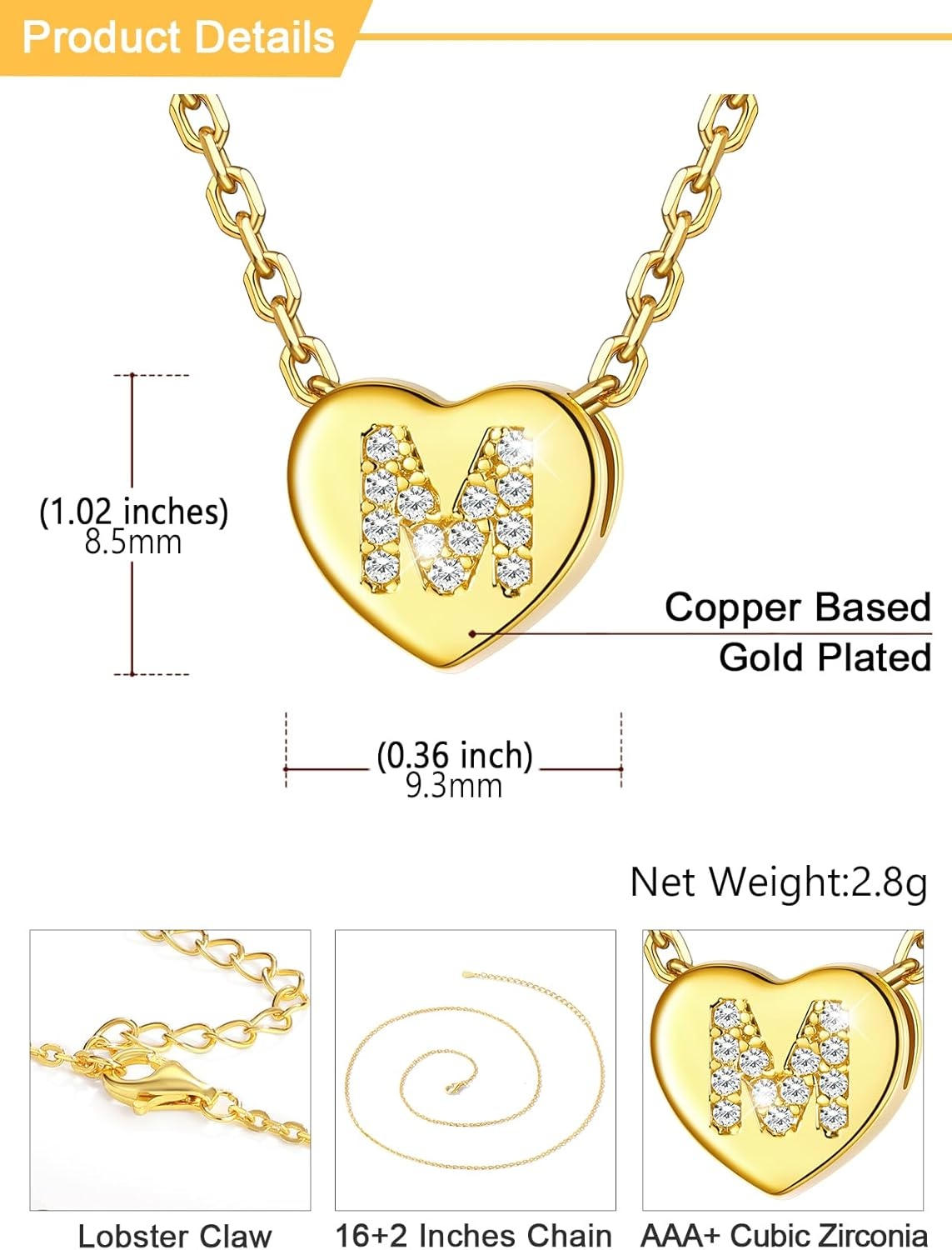 imageU7 Initial Necklace for Women 14K Gold Heart Pendant Necklace with CZ AZ Letter Dainty Gold Necklace Tiny Initial Necklaces Personalized Name Necklace for Mom Wife FriendM