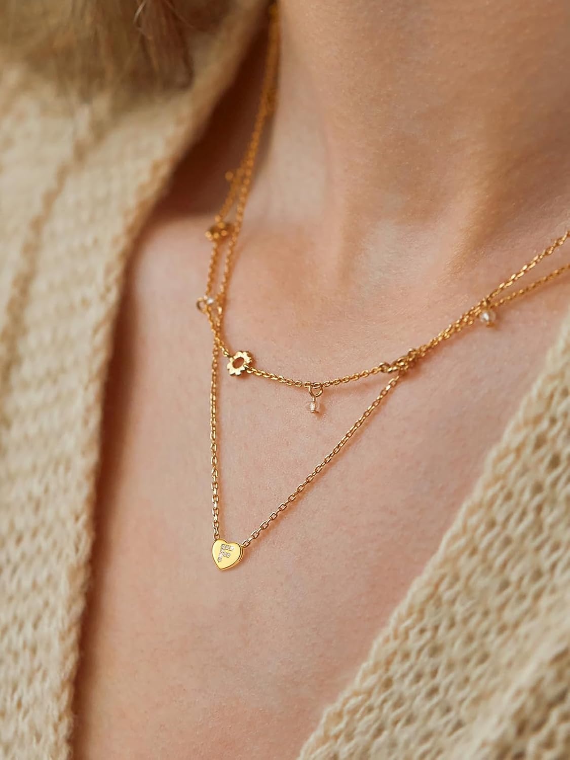 imageU7 Initial Necklace for Women 14K Gold Heart Pendant Necklace with CZ AZ Letter Dainty Gold Necklace Tiny Initial Necklaces Personalized Name Necklace for Mom Wife FriendF